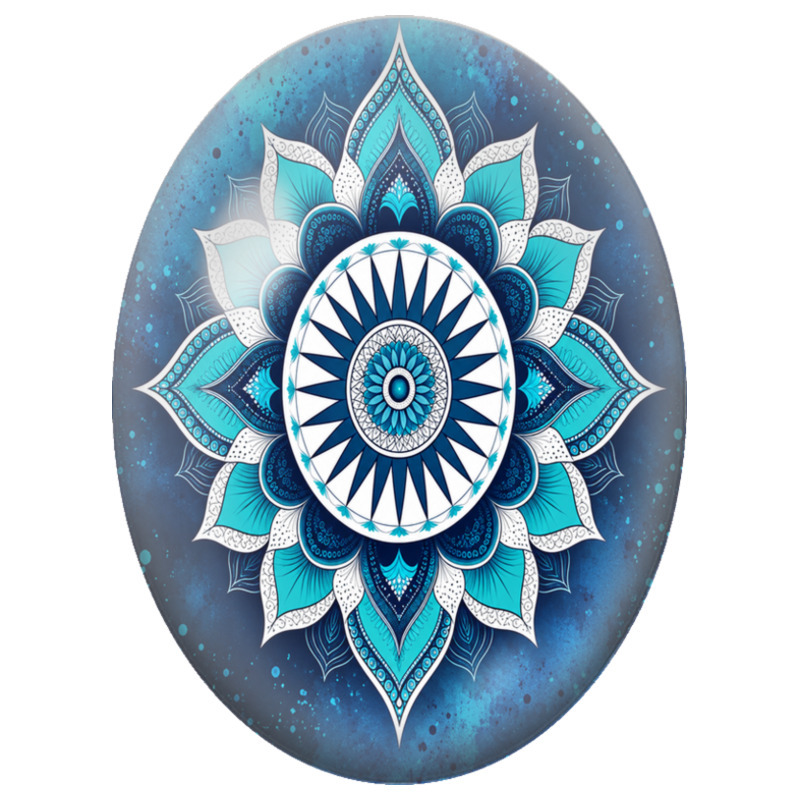 Cabochon en Verre Illustré Mandala Oriental Bleu et Turquoise 13x18, 18x25 ou 30x40mm