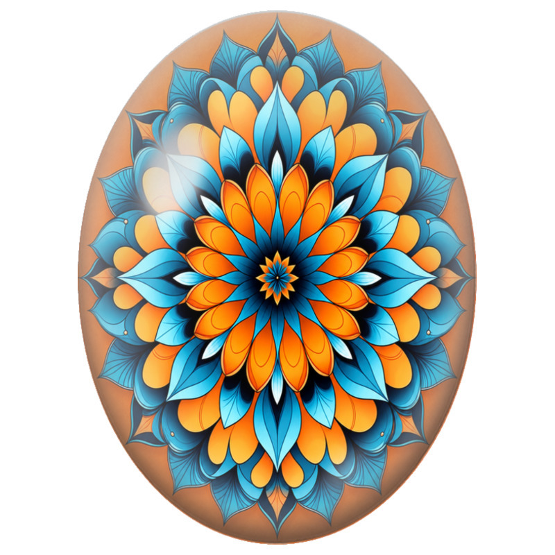 Cabochon en Verre Illustré Mandala Floral Orange et Bleu Profond 13x18, 18x25 ou 30x40mm