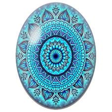 Cabochon en Verre Illustré Mandala Floral Turquoise et Bleu Profond pour la Création de Bijoux Fantaisie - DIY