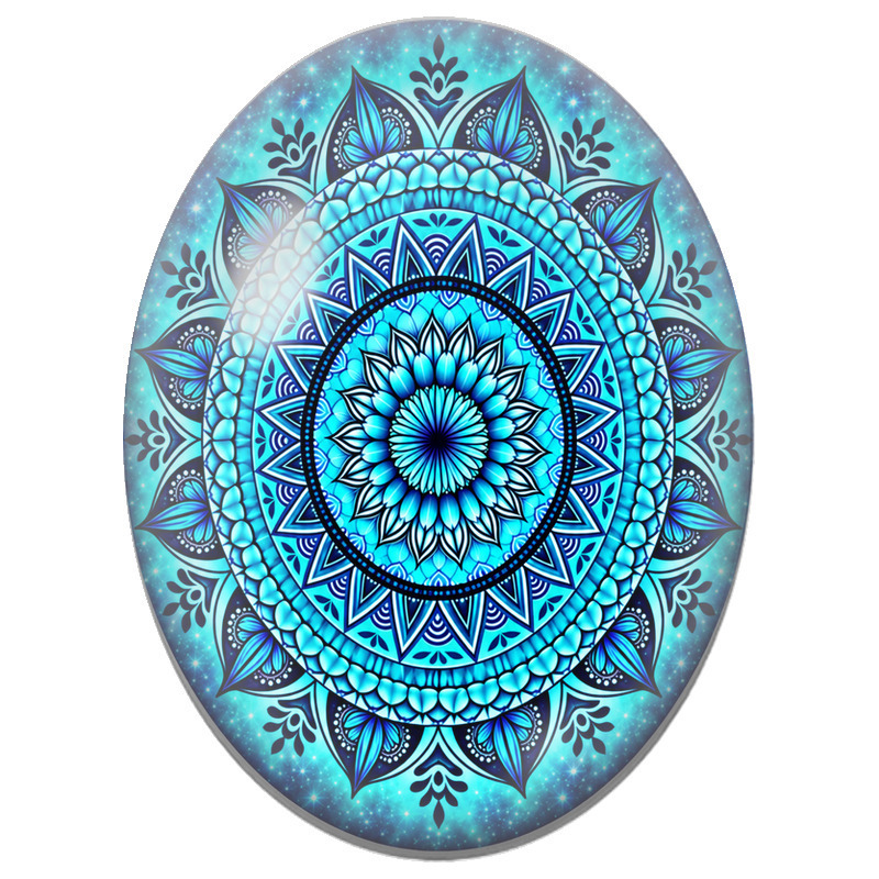 Cabochon en Verre Illustré Mandala Floral Turquoise et Bleu Profond 13x18, 18x25 ou 30x40mm
