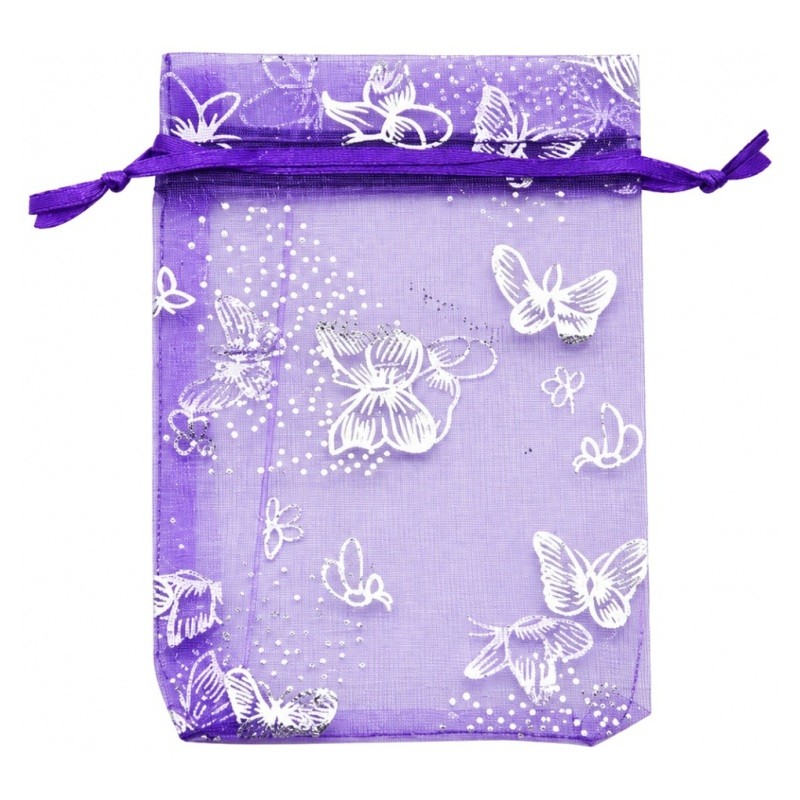 5 Sachets en Organza Violet Papillon Argenté avec Lien Coulissant 9x7cm