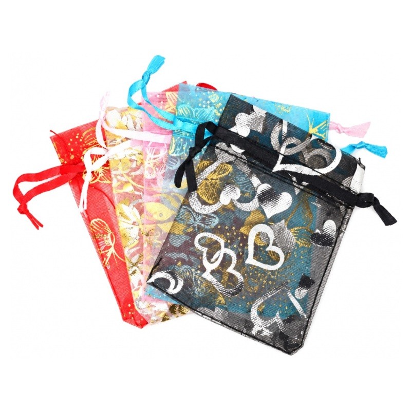 10 Sachets en Organza Papillons Coeur avec Lien Coulissant  9x7cm