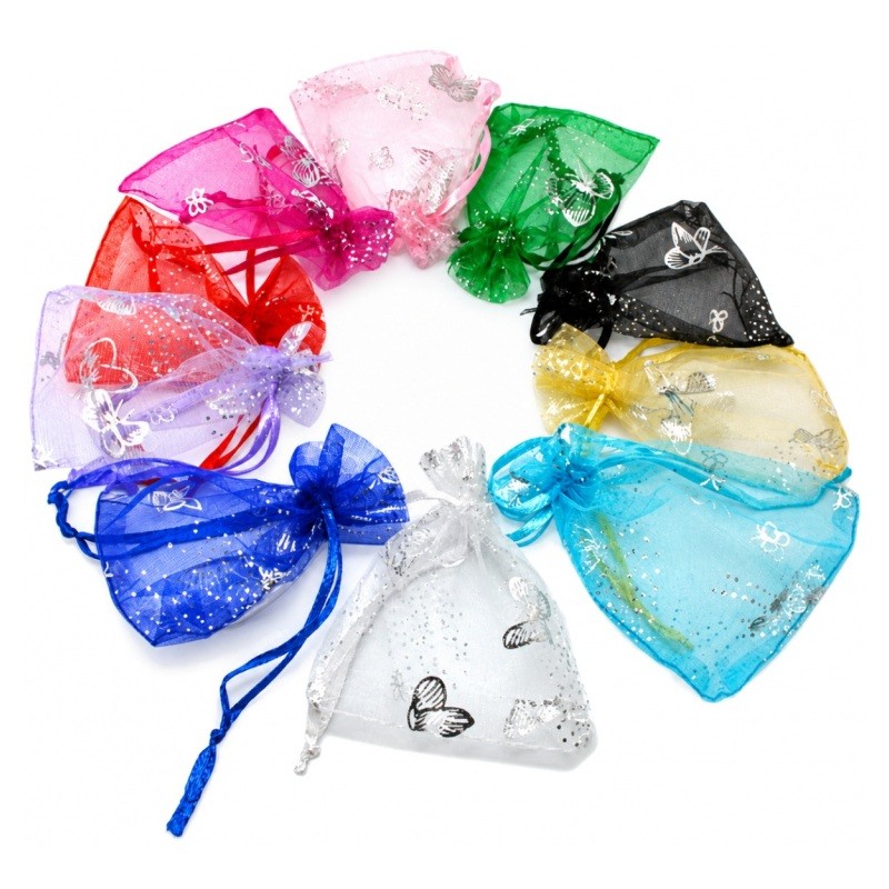 10 Sachets en Organza Papillons avec Lien Coulissant  9x7cm