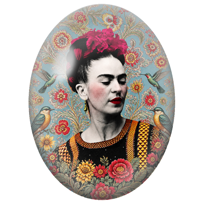 Cabochon en Verre Illustré Frida Kahlo au Jardin d’Oiseaux 13x18, 18x25 ou 30x40mm