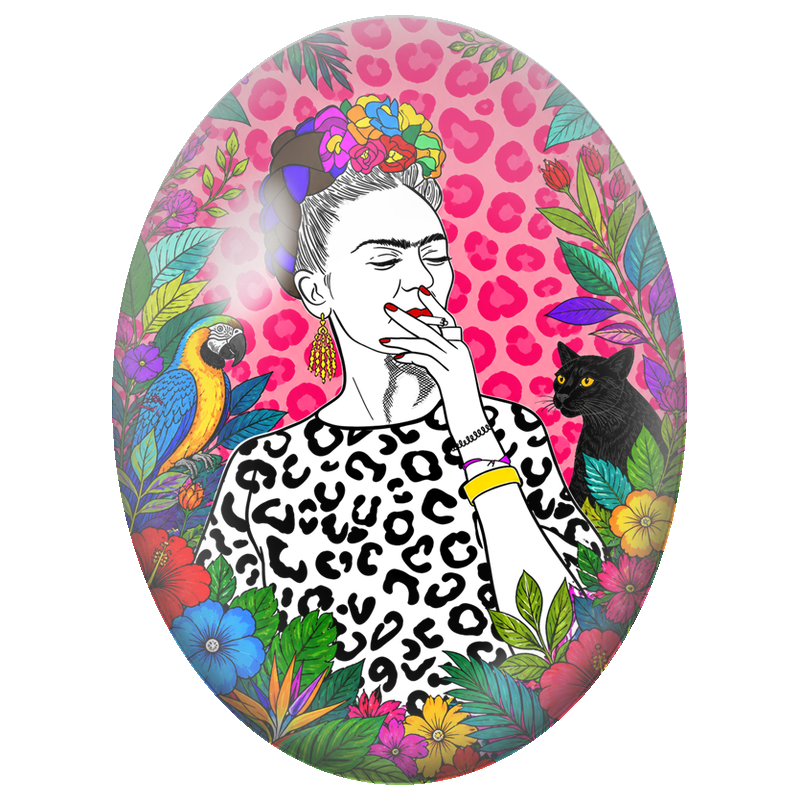 Cabochon en Verre Illustré Frida Kahlo Pop Art au Chat Noir 13x18, 18x25 ou 30x40mm