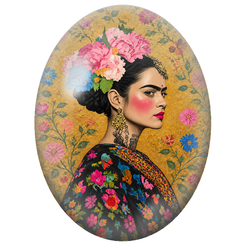 Cabochon en Verre Illustré Frida Kahlo au Châle Fleuri Doré 13x18, 18x25 ou 30x40mm