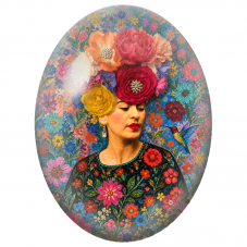 Cabochon en Verre Illustré Frida Kahlo à la Couronne Florale Géante pour la Création de Bijoux Fantaisie - DIY