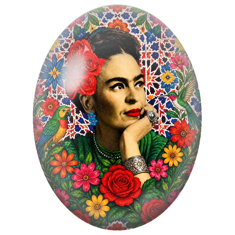 Cabochon en Verre Illustré Frida Kahlo au Regard Pensif et Oiseaux 13x18, 18x25 ou 30x40mm
