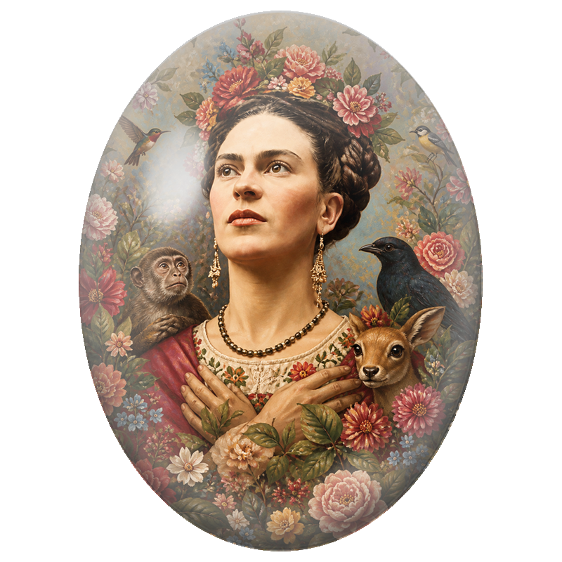 Cabochon en Verre Illustré Frida Kahlo entourée d’Animaux Sauvages 13x18, 18x25 ou 30x40mm
