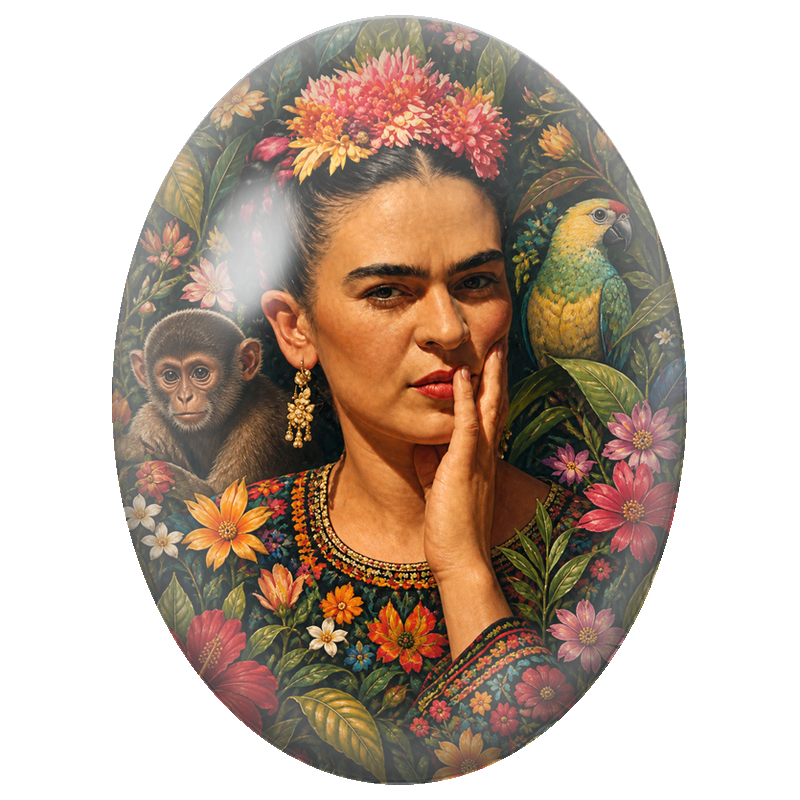 Cabochon en Verre Illustré Frida Kahlo au Singe et Perroquet 13x18, 18x25 ou 30x40mm