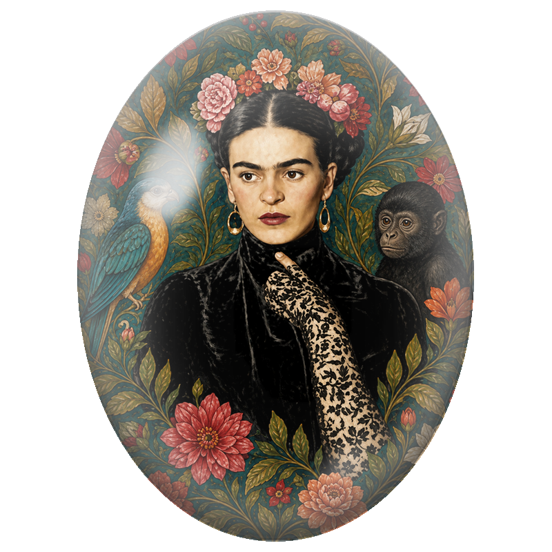 Cabochon en Verre Illustré Frida Kahlo au Gant de Dentelle Noire 13x18, 18x25 ou 30x40mm