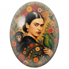 Cabochon en Verre Illustré Frida Kahlo au Singe et Perroquet Vert pour la Création de Bijoux Fantaisie - DIY