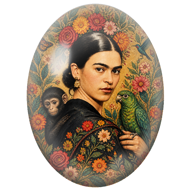 Cabochon en Verre Illustré Frida Kahlo au Singe et Perroquet Vert 13x18, 18x25 ou 30x40mm