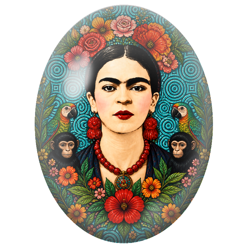 Cabochon en Verre Illustré Frida Kahlo aux Perroquets sur Fond Turquoise 13x18, 18x25 ou 30x40mm