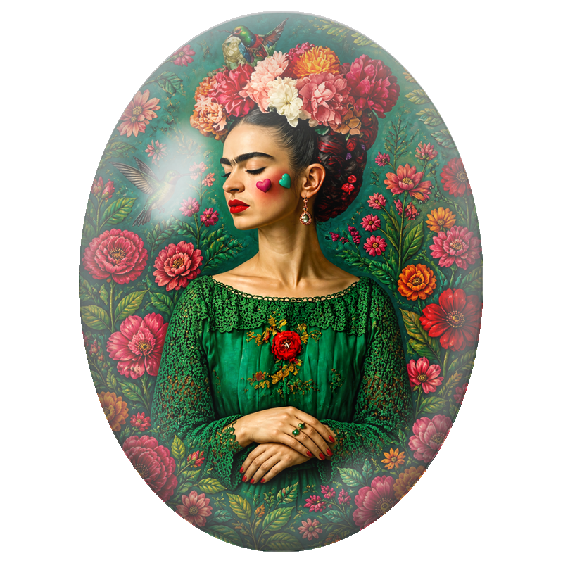 Cabochon en Verre Illustré Frida Kahlo en Robe Verte aux Cœurs 13x18, 18x25 ou 30x40mm