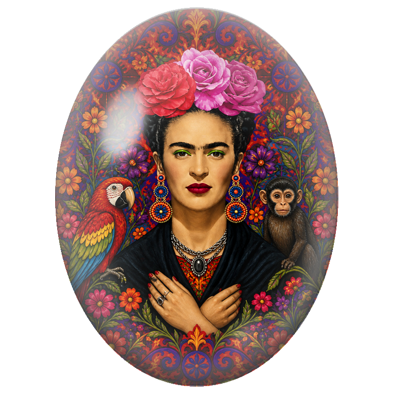 Cabochon en Verre Illustré Frida Kahlo aux Bras Croisés avec Animaux 13x18, 18x25 ou 30x40mm