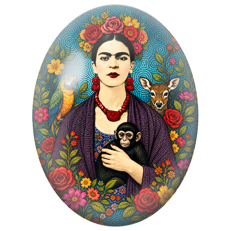 Cabochon en Verre Illustré Frida Kahlo au Singe dans les Bras 13x18, 18x25 ou 30x40mm