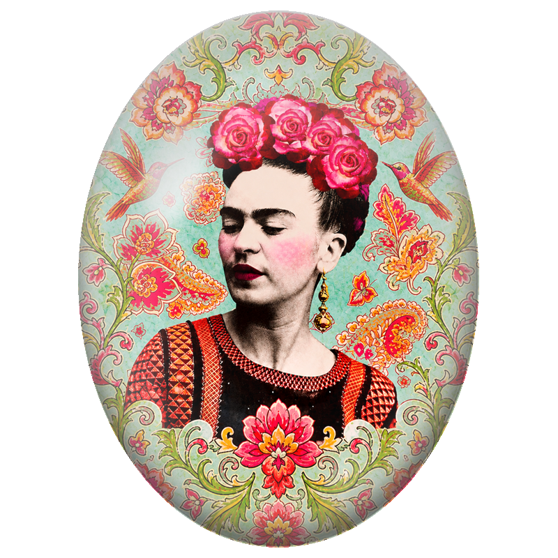 Cabochon en Verre Illustré Frida Kahlo aux Roses et Colibris 13x18, 18x25 ou 30x40mm
