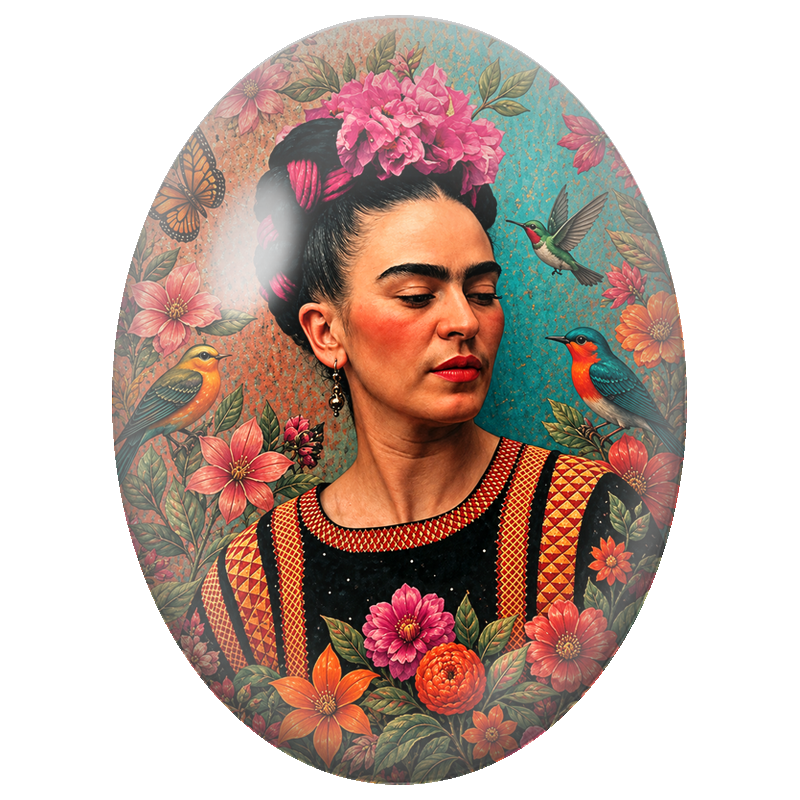 Cabochon en Verre Illustré Frida Kahlo aux Oiseaux sur Fond Bicolore 13x18, 18x25 ou 30x40mm