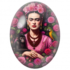Cabochon en Verre Illustré Frida Kahlo au Singe parmi les Roses pour la Création de Bijoux Fantaisie - DIY