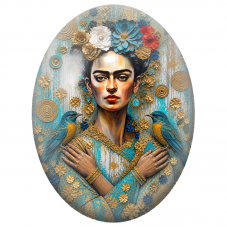 Cabochon en Verre Illustré Frida Kahlo en Bleu Turquoise et Or pour la Création de Bijoux Fantaisie - DIY