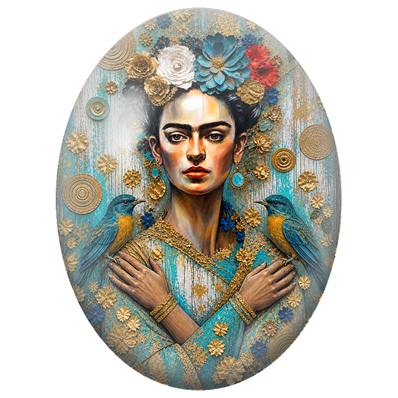 Cabochon en Verre Illustré Frida Kahlo en Bleu Turquoise et Or 13x18, 18x25 ou 30x40mm