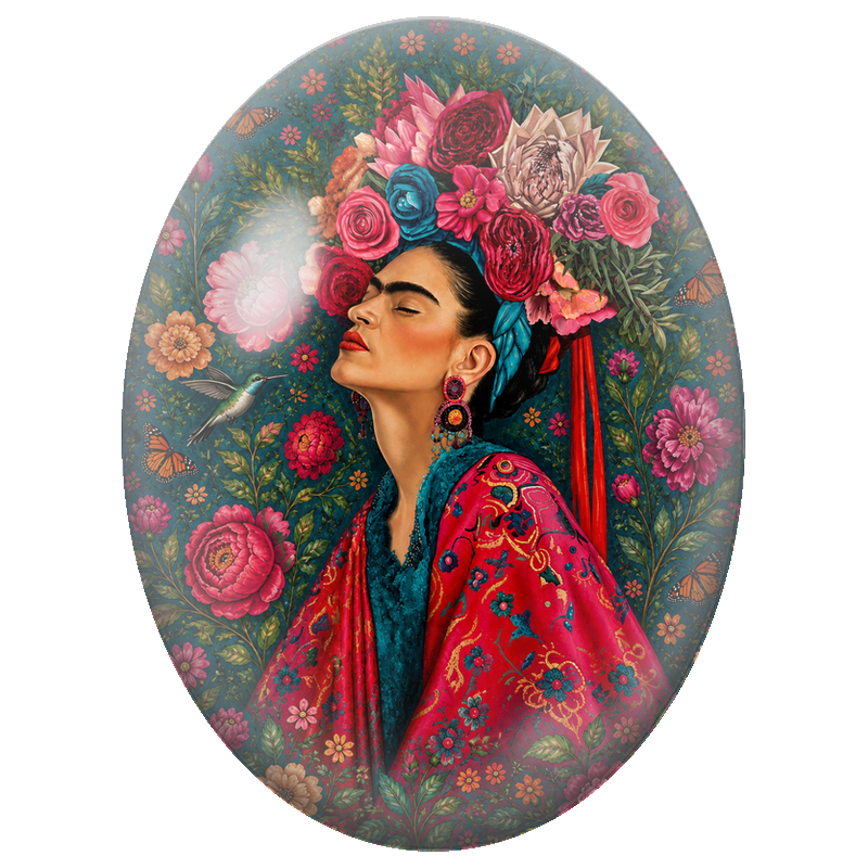 Cabochon en Verre Illustré Frida Kahlo au Bouquet Majestueux 13x18, 18x25 ou 30x40mm
