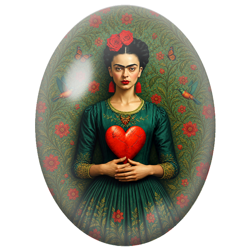 Cabochon en Verre Illustré Frida Kahlo au Cœur Rouge Fêlé 13x18, 18x25 ou 30x40mm