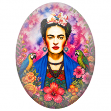 Cabochon en Verre Illustré Frida Kahlo au Châle Bleu et Perroquets pour la Création de Bijoux Fantaisie - DIY