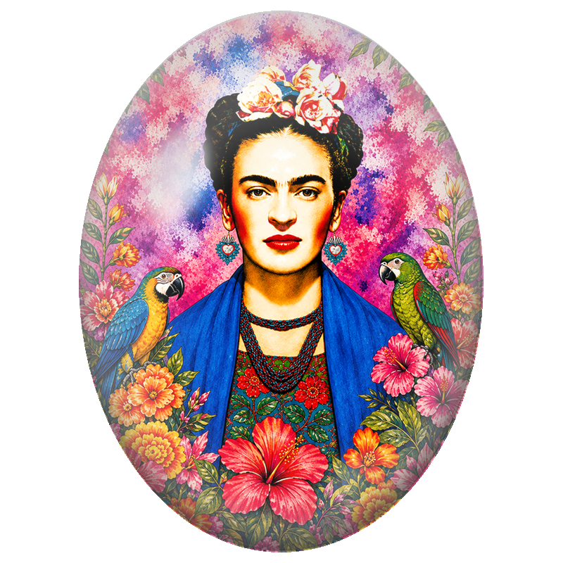 Cabochon en Verre Illustré Frida Kahlo au Châle Bleu et Perroquets 13x18, 18x25 ou 30x40mm