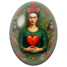 Cabochon en Verre Illustré Frida Kahlo au Cœur Rouge et Singes pour la Création de Bijoux Fantaisie - DIY