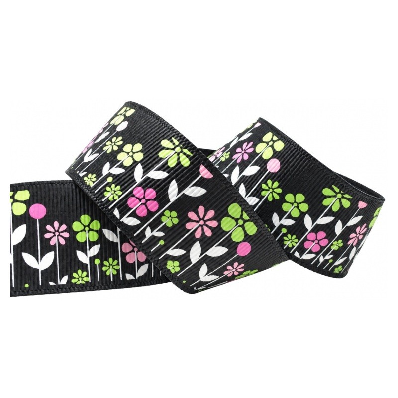 1 Mètre de Ruban Gros Grain Noir Fleurs 22mm