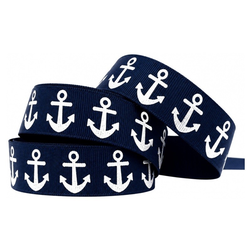 1 Mètre de Ruban Gros Grain Ancre Bleu Marine 25mm
