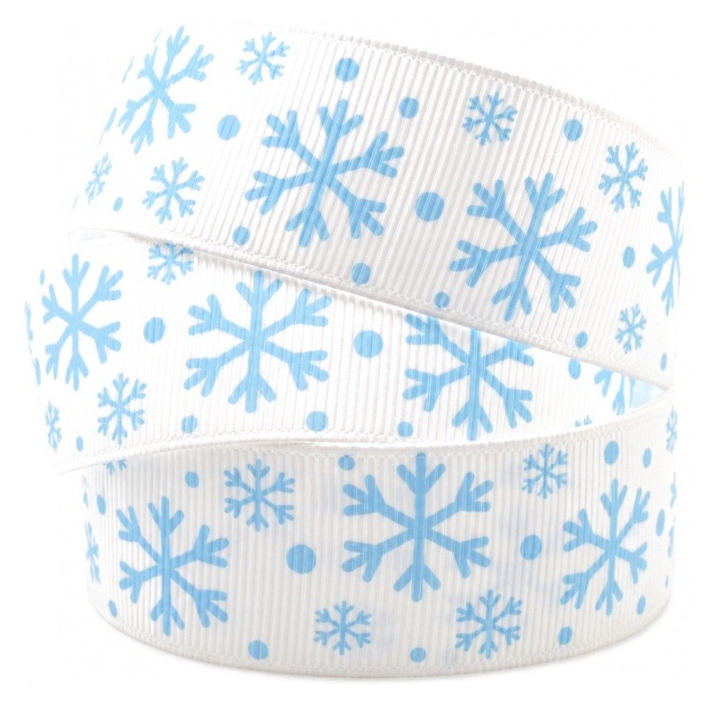 1 Mètre de Ruban Gros Grain Imprimé Flocons de Neige Noël 25mm