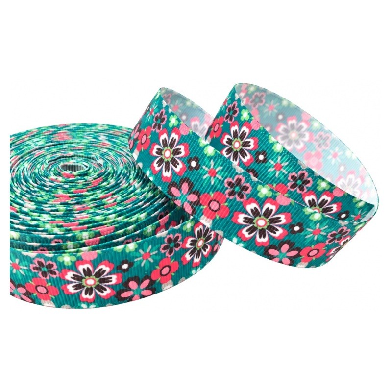 1 Mètre de Ruban Gros Grain Fleurs 22mm