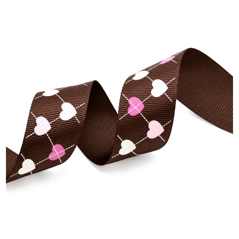 1 Mètre de Ruban Gros Grain Chocolat Cœurs 25mm