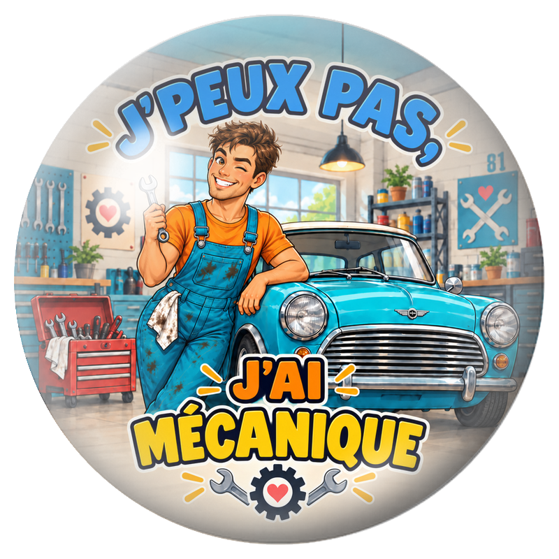 Cabochon en Verre Illustré J’Peux Pas, J’ai Mécanique – Mécanicien 12 à 25mm pour la Création de Bijoux Fantaisie - DIY