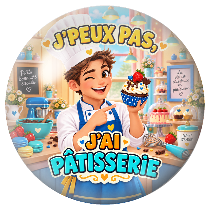 Cabochon en Verre Illustré J’Peux Pas, J’ai Pâtisserie – Pâtissier 12 à 25mm pour la Création de Bijoux Fantaisie - DIY