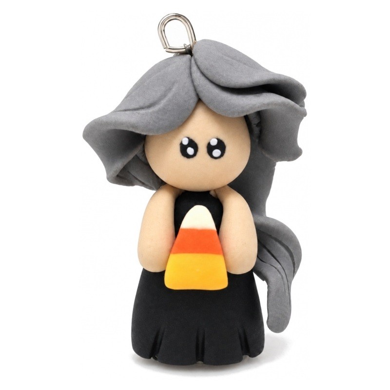 Breloque Chibi Poupée Noire en Fimo Fait-Main 30x20mm