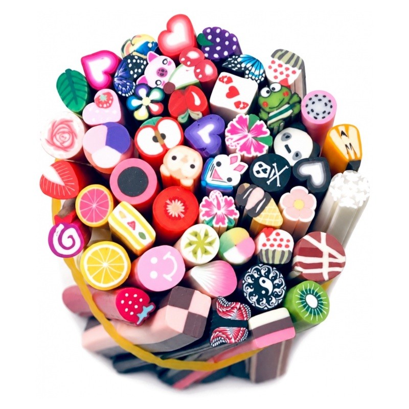 50 Canes Mixtes en Fimo 5cm de Long 5mm de Large Motifs Aléatoires