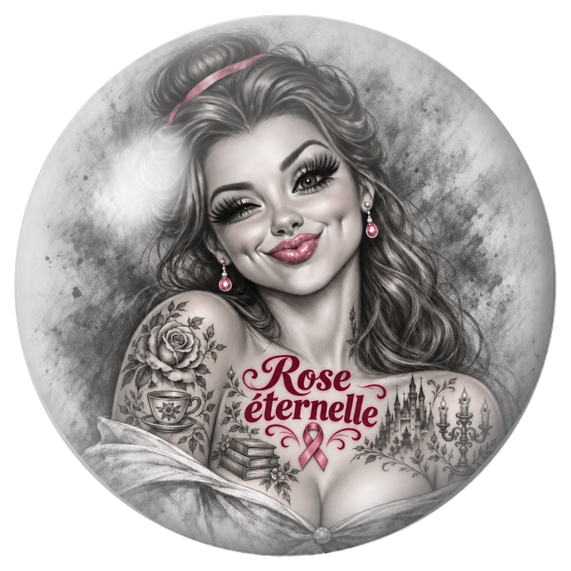 Cabochon en Verre Illustré Femme Tatouée Rose Éternelle 12 à 25mm pour la Création de Bijoux Fantaisie - DIY