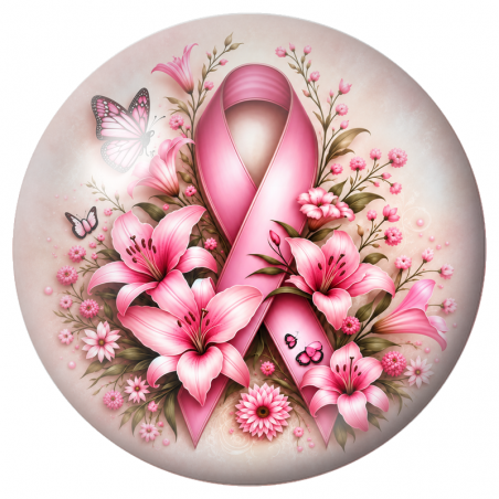 Cabochon en Verre Illustré Ruban Rose aux Lys et Papillons 12 à 25mm