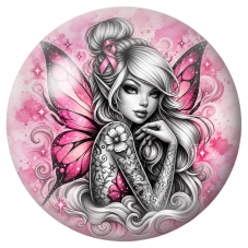 Cabochon en Verre Illustré Fée Tatouée au Ruban Rose 12 à 25mm pour la Création de Bijoux Fantaisie - DIY