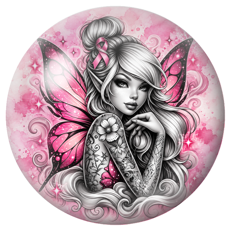 Cabochon en Verre Illustré Fée Tatouée au Ruban Rose 12 à 25mm pour la Création de Bijoux Fantaisie - DIY