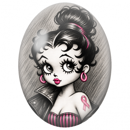 Cabochon en Verre Illustré Pin-Up au Ruban Rose 13x18, 18x25 ou 30x40mm