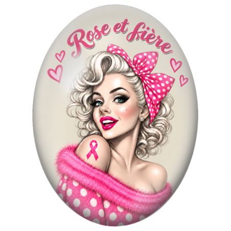Cabochon en Verre Illustré Pin-Up Rose et Fière 13x18, 18x25 ou 30x40mm
