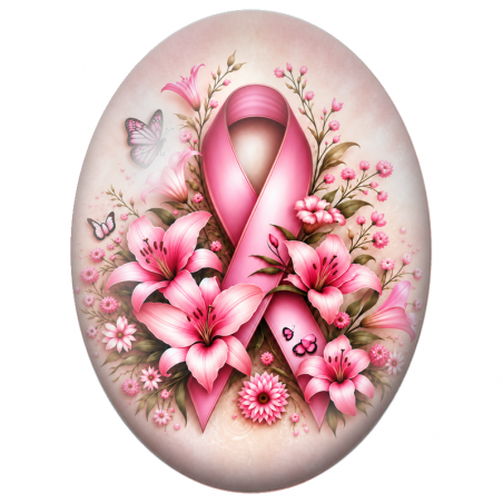 Cabochon en Verre Illustré Ruban Rose aux Lys et Papillons 13x18, 18x25 ou 30x40mm