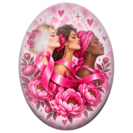 Cabochon en Verre Illustré Femmes Unies au Ruban Rose 13x18, 18x25 ou 30x40mm