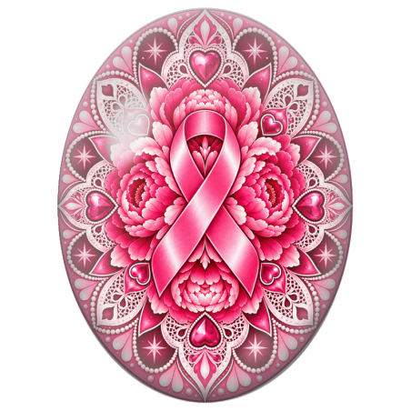 Cabochon en Verre Illustré Ruban Rose sur Mandala Floral 13x18, 18x25 ou 30x40mm