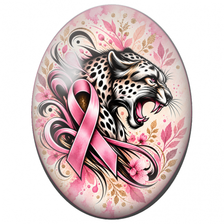 Cabochon en Verre Illustré Léopard Rugissant au Ruban Rose 13x18, 18x25 ou 30x40mm